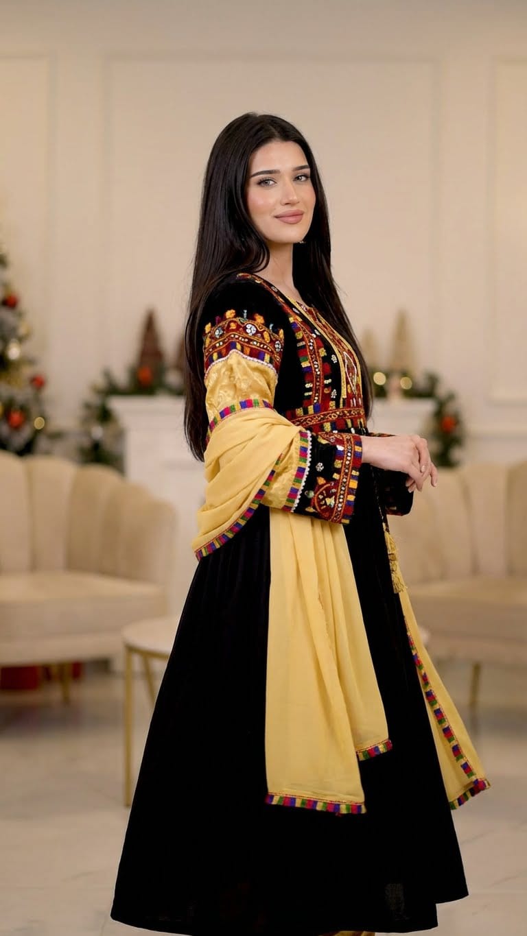 Embroidered Black Traditional Dress with Yellow Dupatta