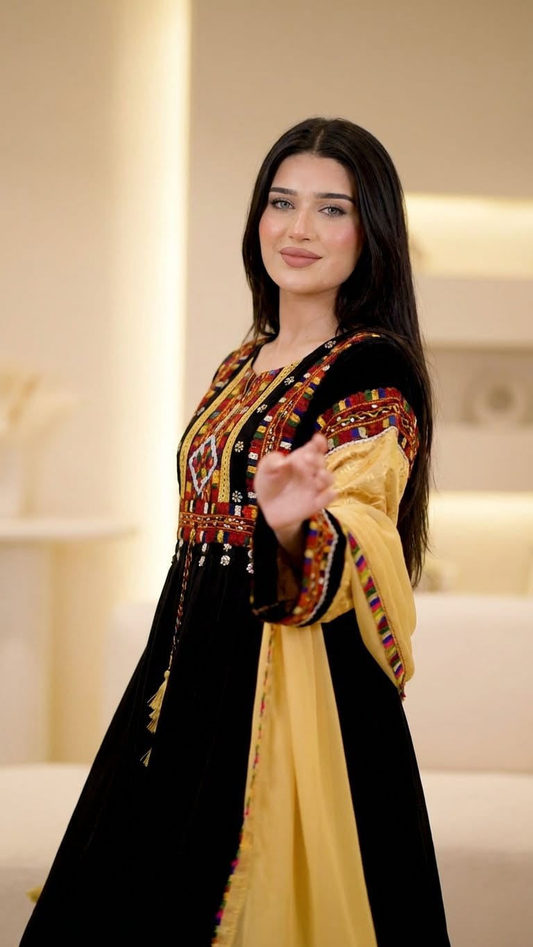 Embroidered Black Traditional Dress with Yellow Dupatta