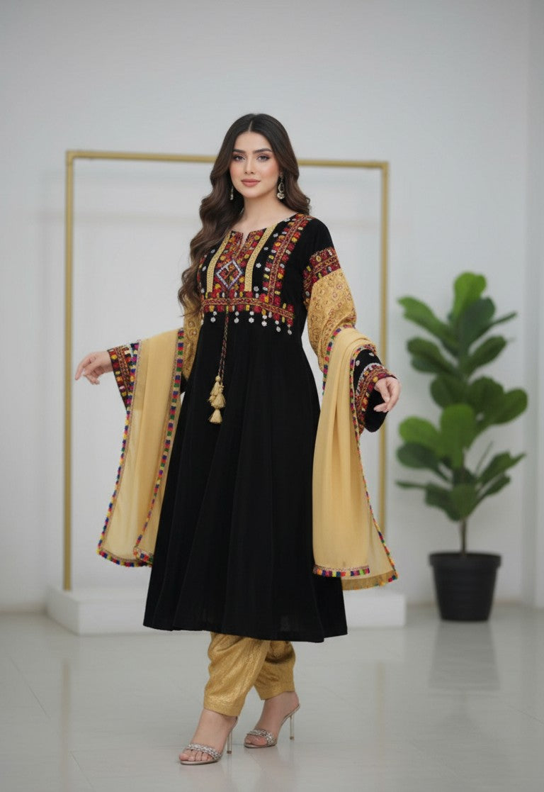 Embroidered Black Traditional Dress with Yellow Dupatta