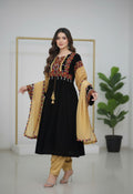 Embroidered Black Traditional Dress with Yellow Dupatta